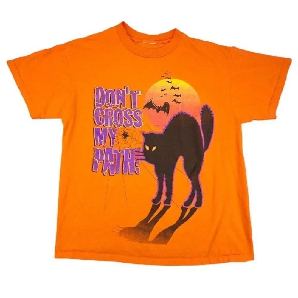 Vintage Halloween T Shirt Mens Size Large Orange 90s Black Cat Bats Spiderweb